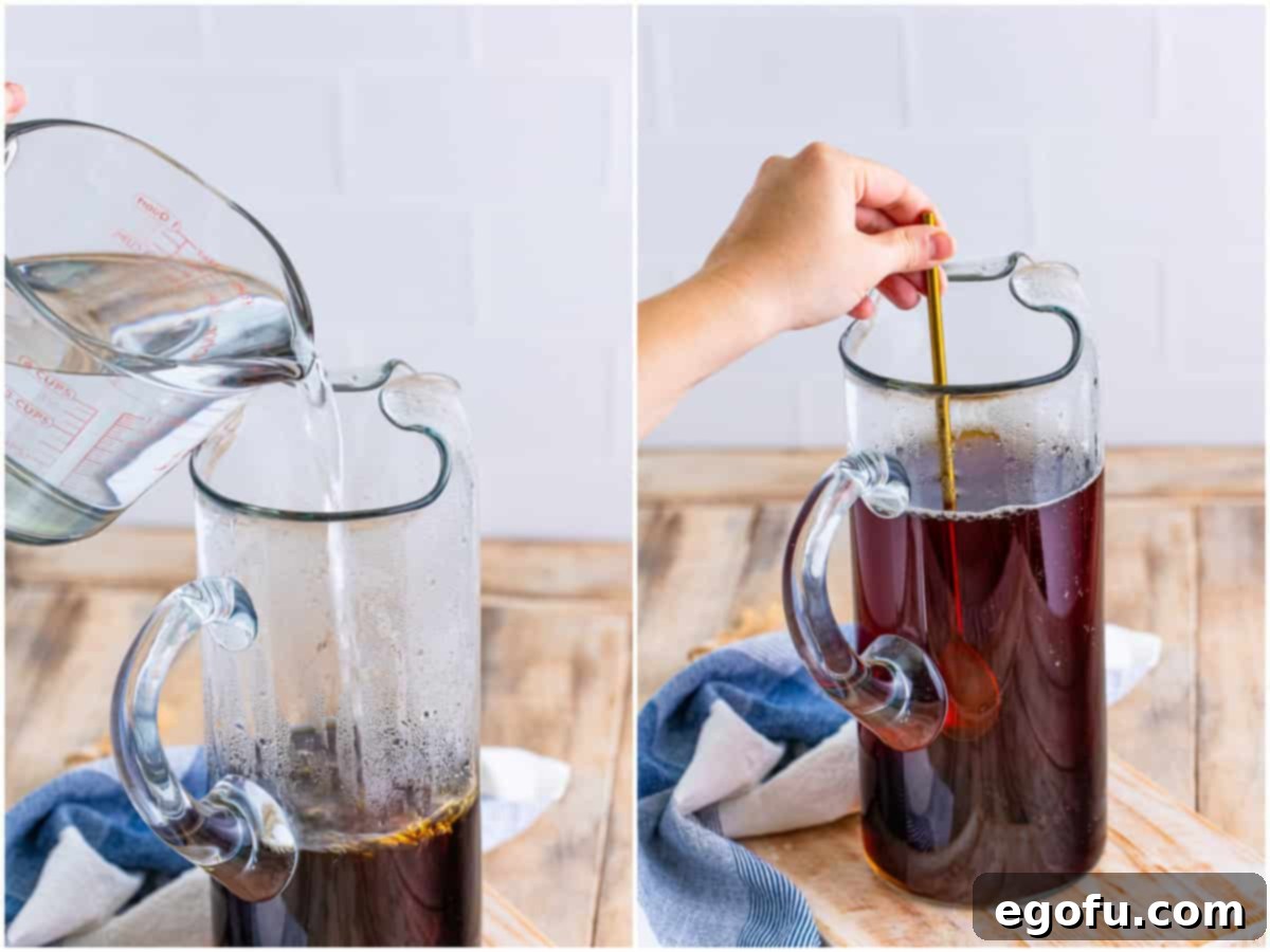 A collage of two photos: cold water being poured into the tea pitcher, followed by a large metal straw stirring the mixture.
