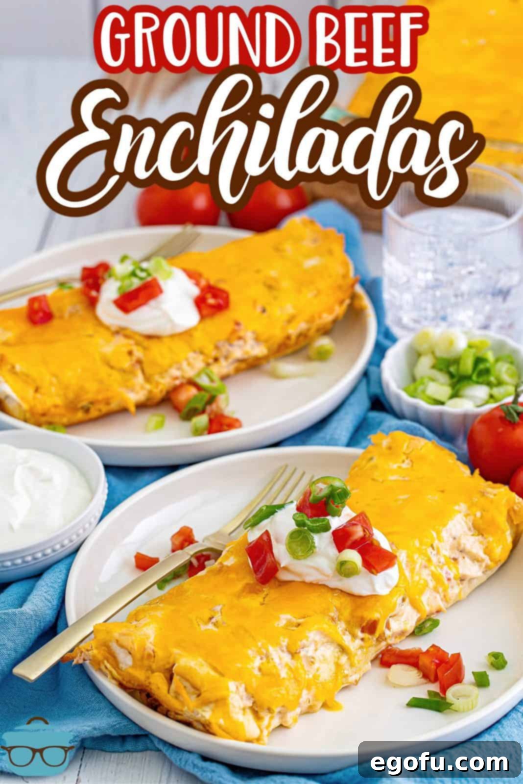 Pinterest image of two plate with Ground Beef Enchiladas on them garnished.