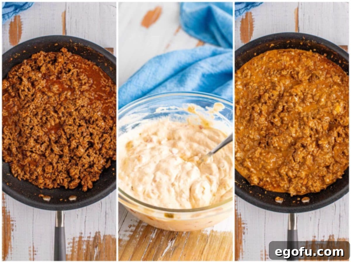 collage of three photos: ground beef browned with taco seasoning; sour cream, cream of chicken soup, and salsa mixed together in bowl; sour cream mixture mixed into the ground beef.