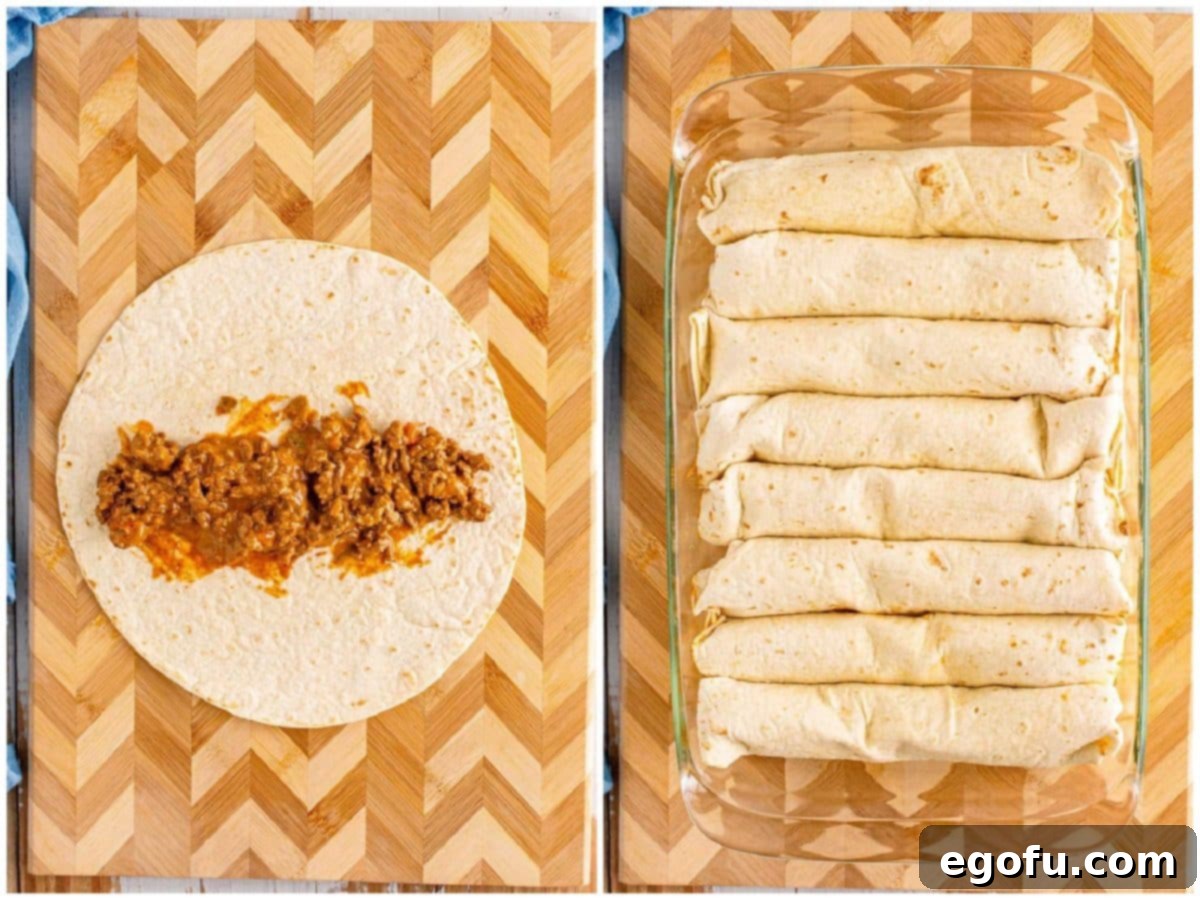 collage of two photos: ground beef mixture spread onto one tortilla on cutting board; Rolled up enchiladas in pan.