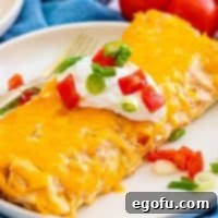 Square image close up of Ground Beef Enchiladas on white plate garnished.