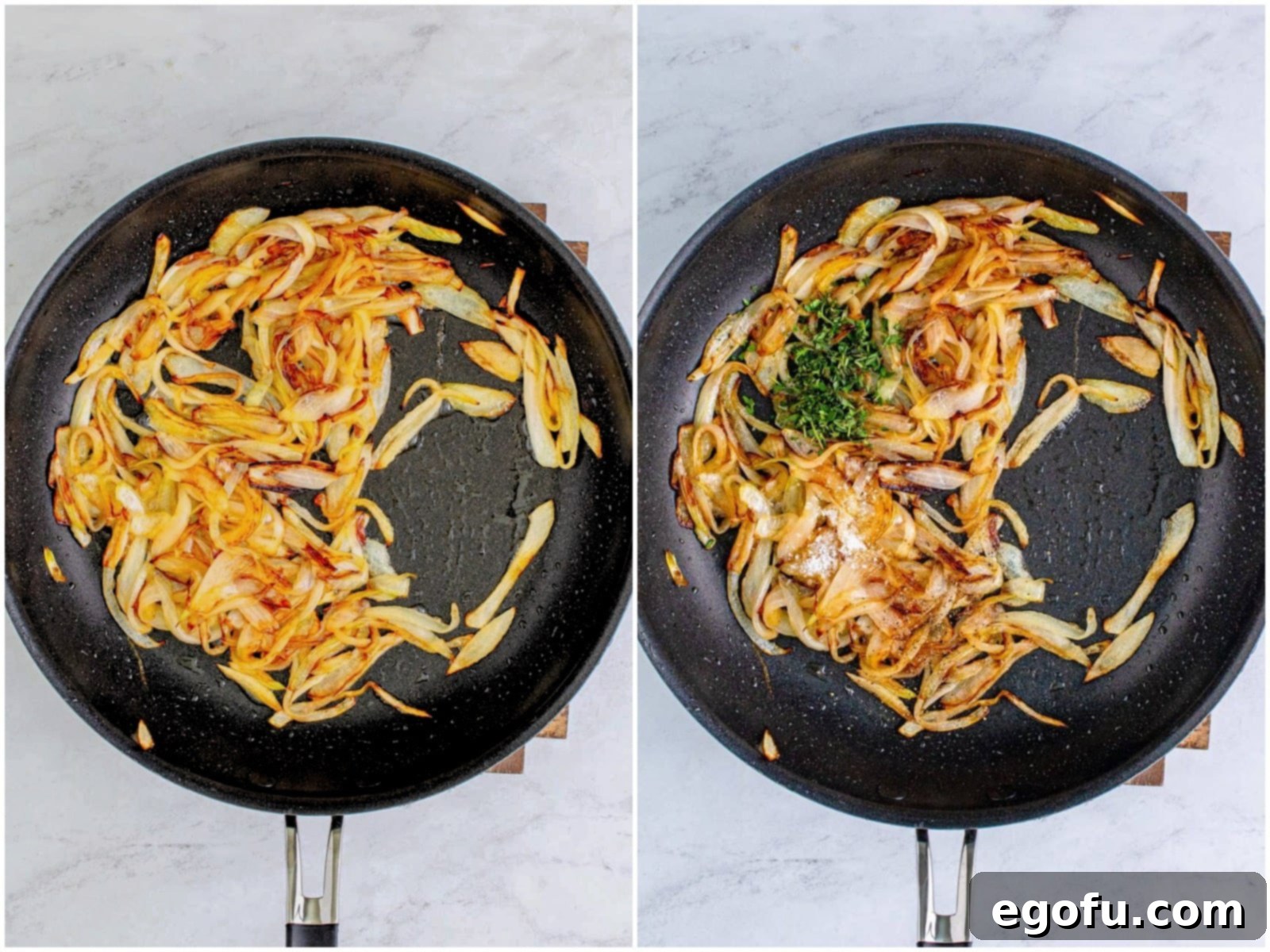 collage of two photos: browned onions in a pan; thyme, salt and pepper added to onions in pan.