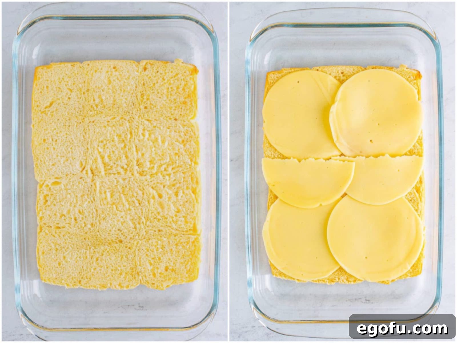 collage of two photos: bottom half of Hawaiian Rolls in baking dish; sliced provolone cheese added on top of rolls. 