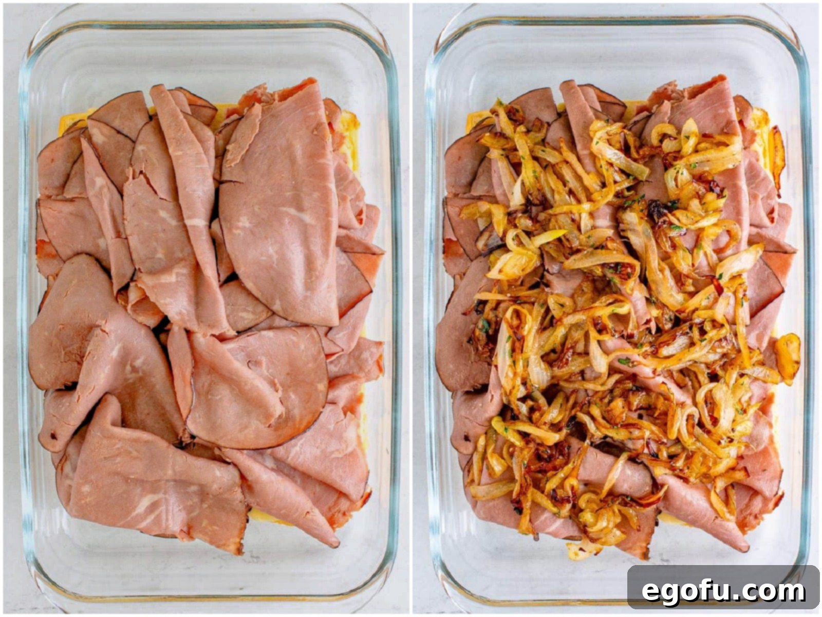 collage of two photos: slices of roast beef added to rolls; cooked onions layered on top of roast beef. 