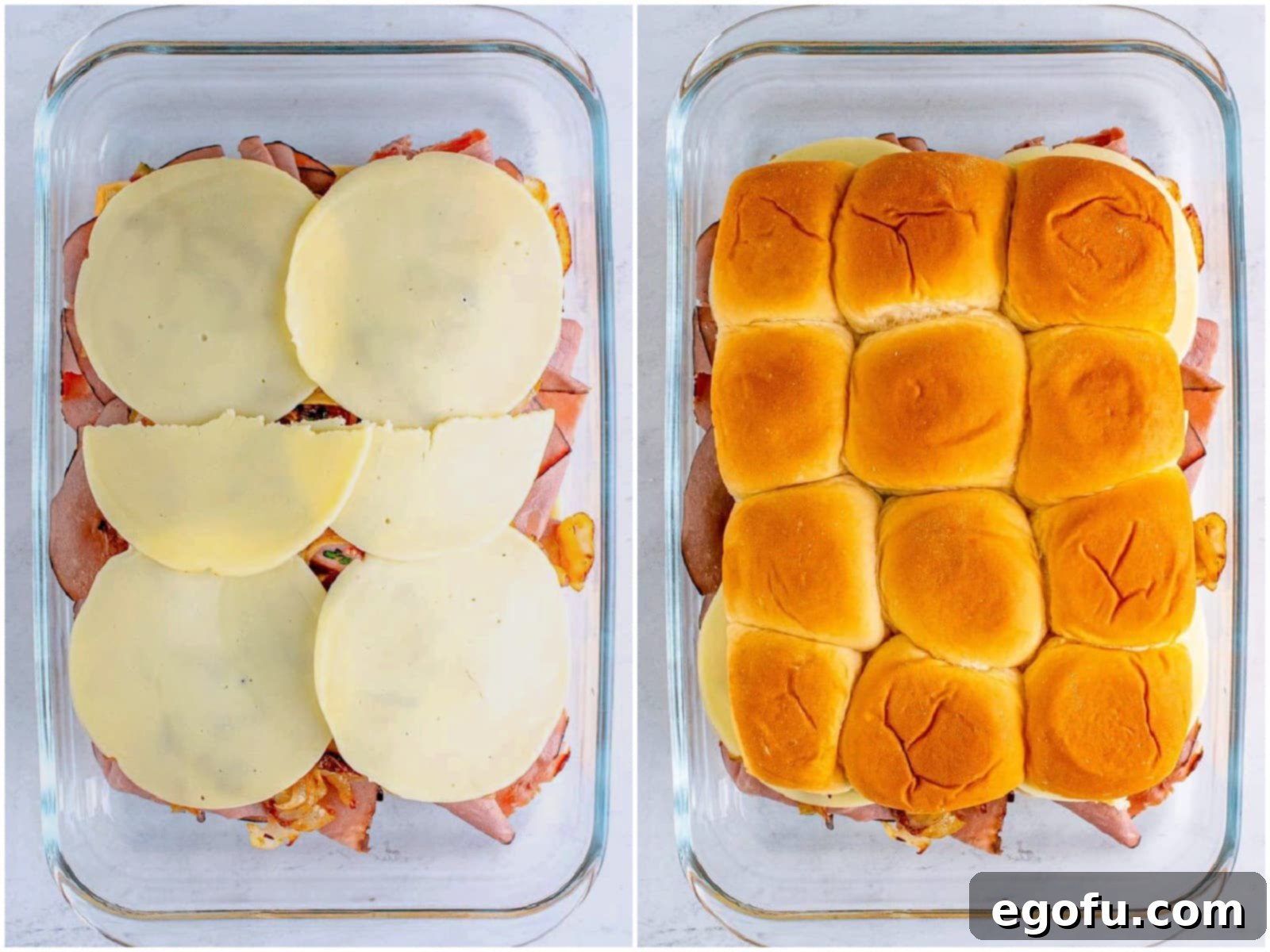 collage of two photos: last layer of provolone cheese slicers added on top of rolls; top half of Hawaiian Rolls added. 