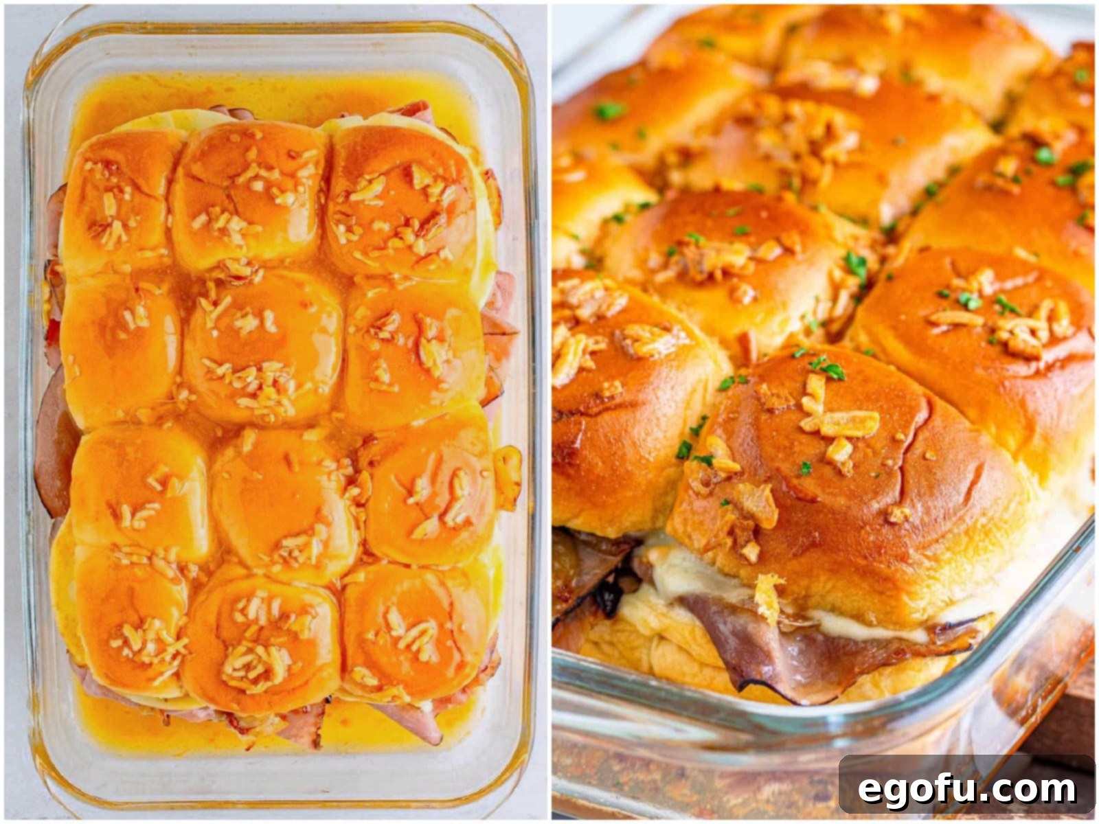 collage of two photos: Onion soup mixture brushed on top of sliders in pan; fully baked French Dip Sliders in baking dish. 
