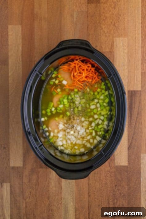 Creamy Slow Cooker Olive Garden Chicken Gnocchi Soup 11 Chicken broth added to a crock pot with other ingredients.