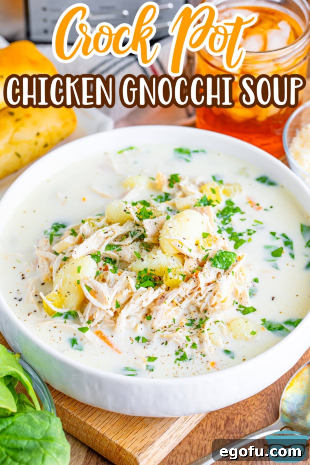 Creamy Slow Cooker Olive Garden Chicken Gnocchi Soup 4 A large serving bowl filled with homemade Olive Garden copycat Chicken Gnocchi Soup, ready to be served.