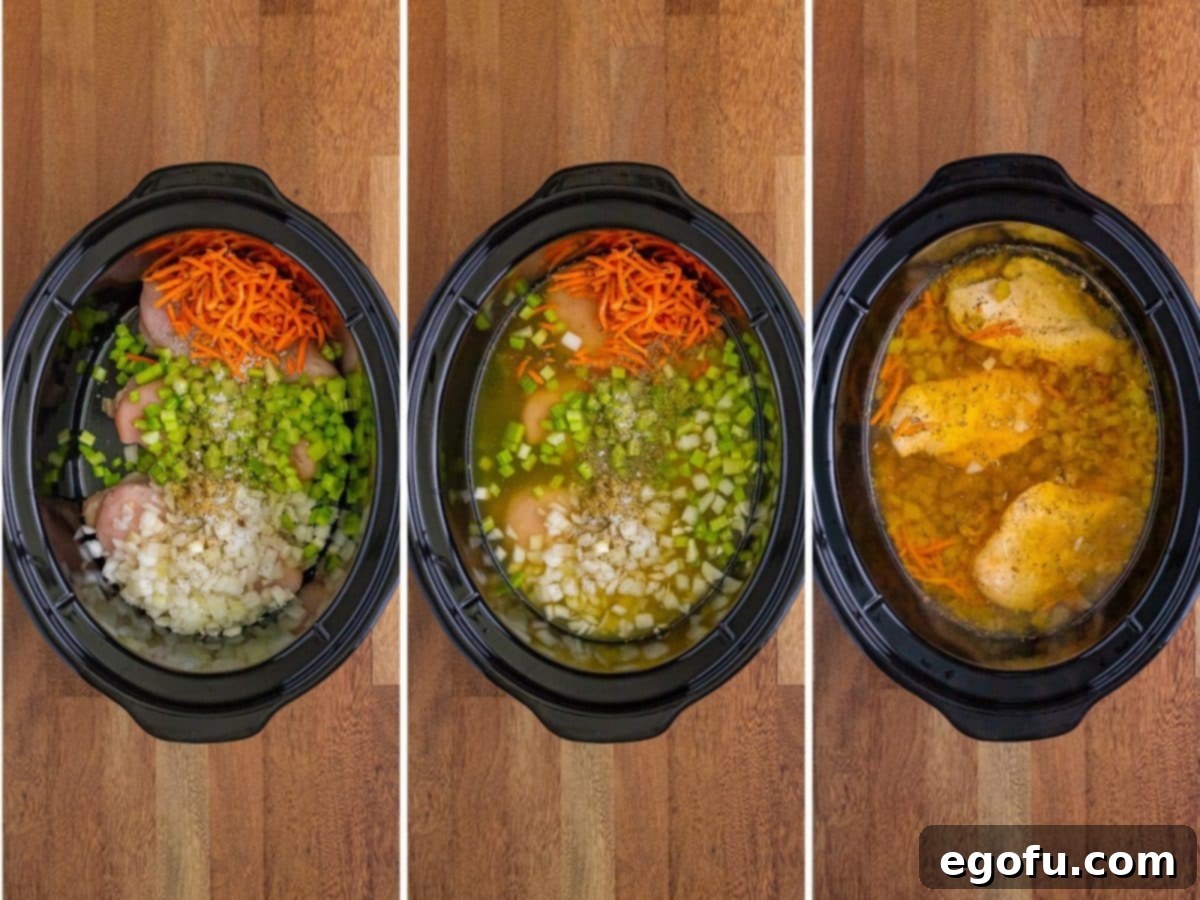 Creamy Slow Cooker Olive Garden Chicken Gnocchi Soup 6 A slow cooker with diced onion, celery, carrots, chicken, garlic, thyme, nutmeg, salt, and pepper layered at the bottom.