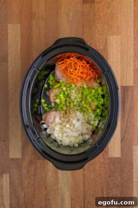 Creamy Slow Cooker Olive Garden Chicken Gnocchi Soup 10 A crock pot with chicken, celery, carrots, and spices that make up gnocchi soup.