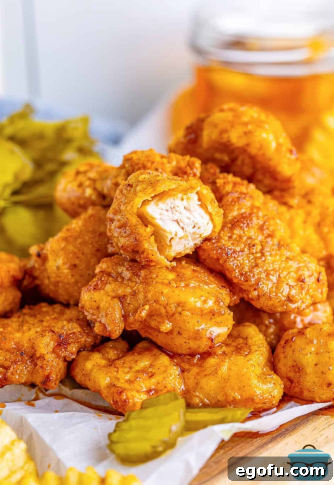 A stack of golden-brown Nashville hot chicken nuggets with one showing a bite removed, highlighting the tender interior.
