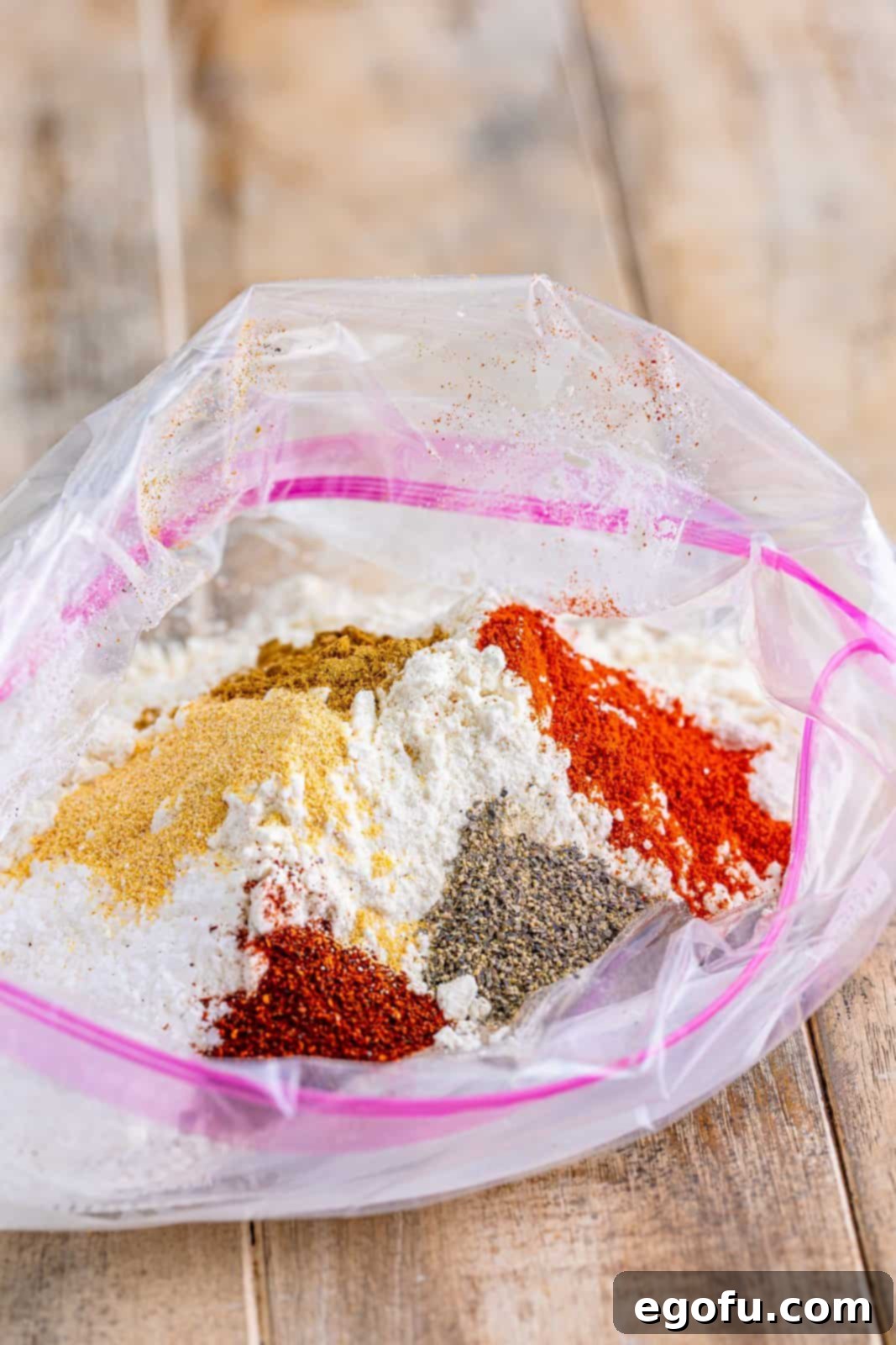 A large Ziploc bag containing flour, salt, chili powder, paprika, cumin, and pepper, ready for seasoning the chicken.