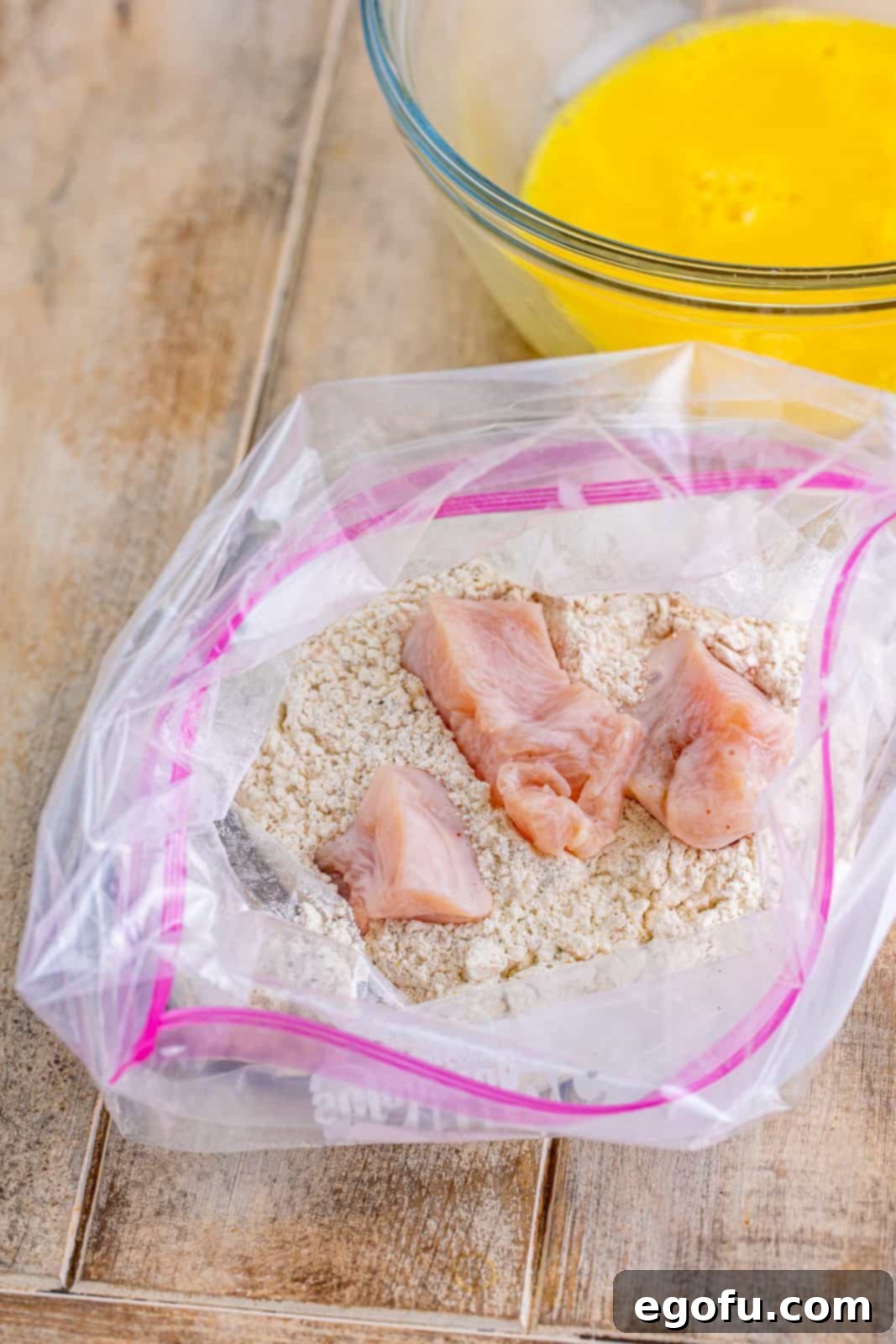 Brined chicken pieces being added to a Ziploc bag filled with seasoned flour for the first coating.