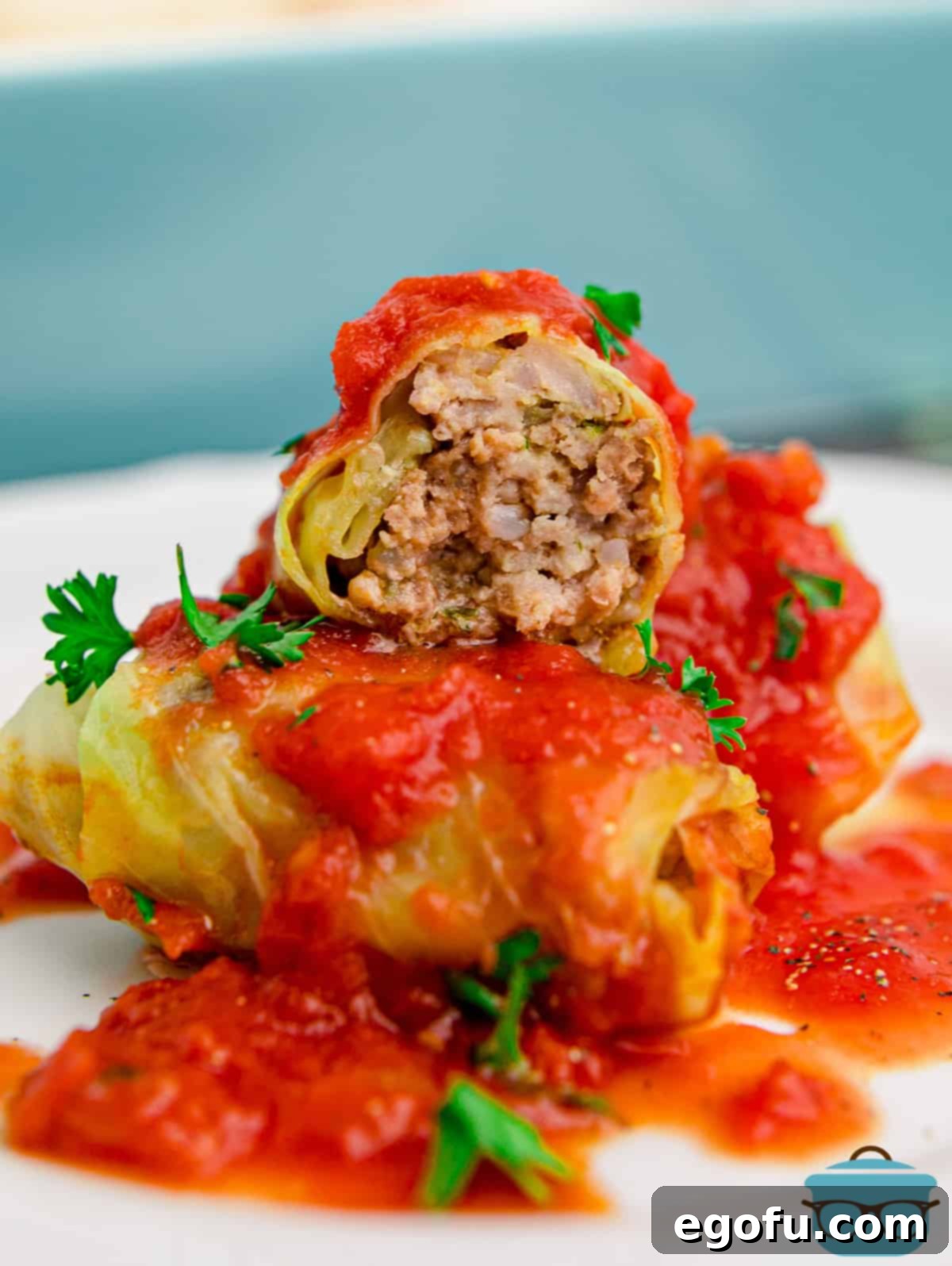 Cabbage Rolls on plate with top one cut open showing filling.