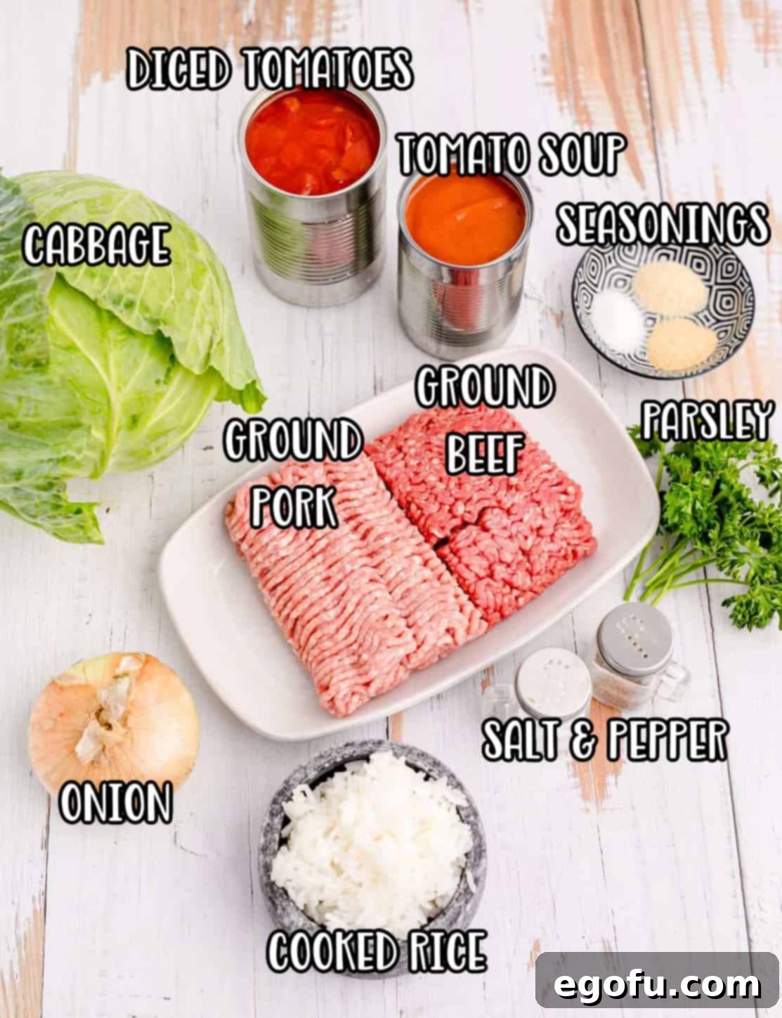 Ingredients needed: cooked rice, cabbage, ground beef, ground pork, onion, parsley, salt, garlic powder, onion powder, pepper, tomato soup, diced or crushed tomatoes and sugar.