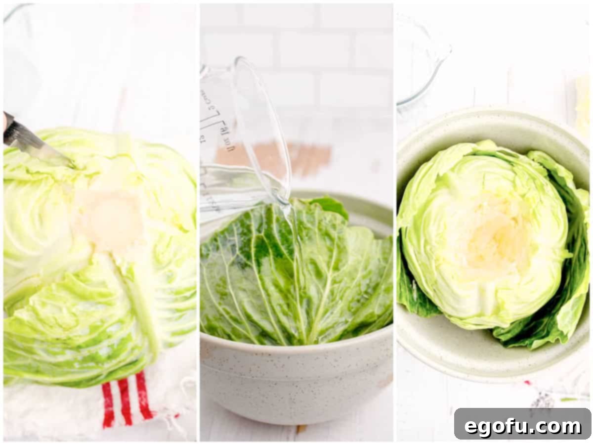 collage of three photos: core being removed from cabbage, water being poured over cabbage and cabbage cooling in bowl.