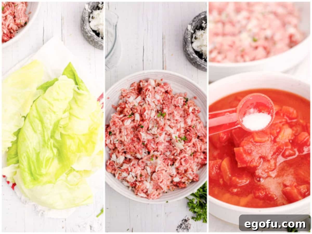 a collage of three photos: cabbage leaves being dried on paper towel, filling mixture mixed up in a bowl and tomato soup, diced tomatoes and sugar being mixed together in a separate bowl. 