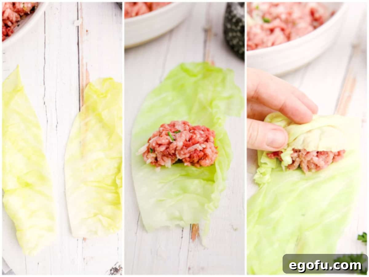 collage of three photos: hard ridges removed from cabbage leaves creating two leaves, filling placed in center of cabbage leaf and cabbage being rolled up over filling.
