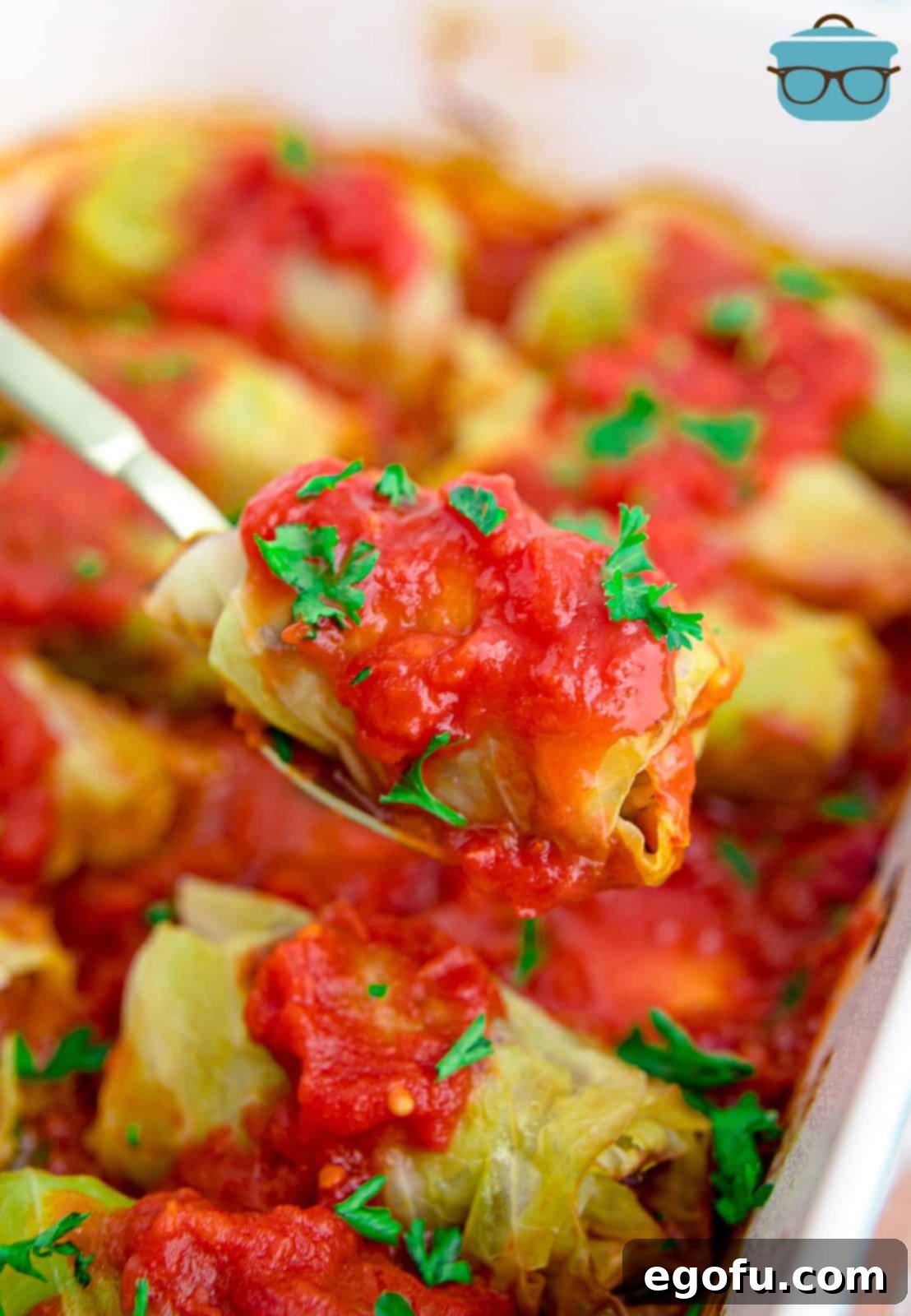 a spoon holding up one stuffed cabbage roll over a baking dish.