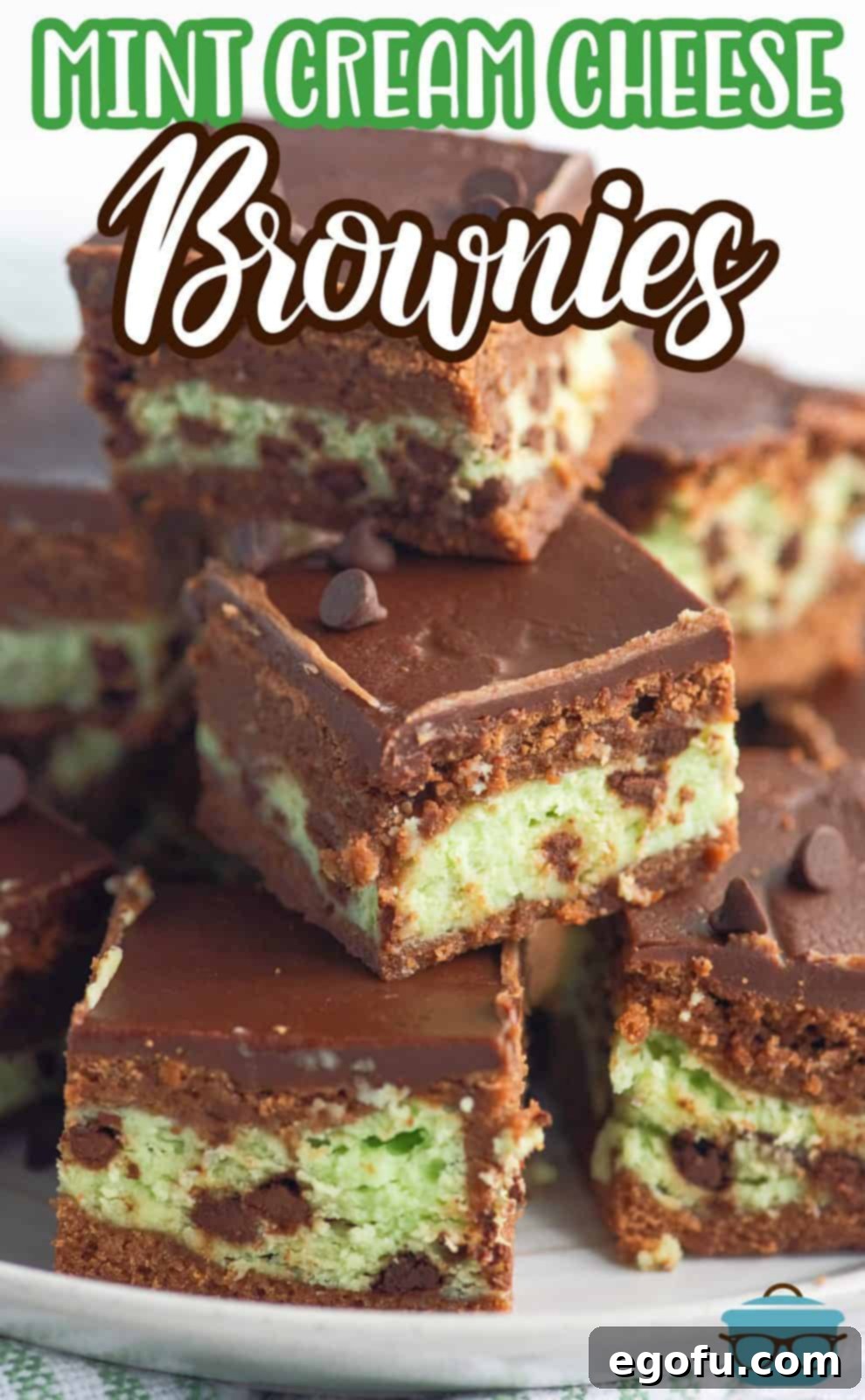 Pinterest image of stacked Mint Cream Cheese Brownies on white plate, perfect for sharing.