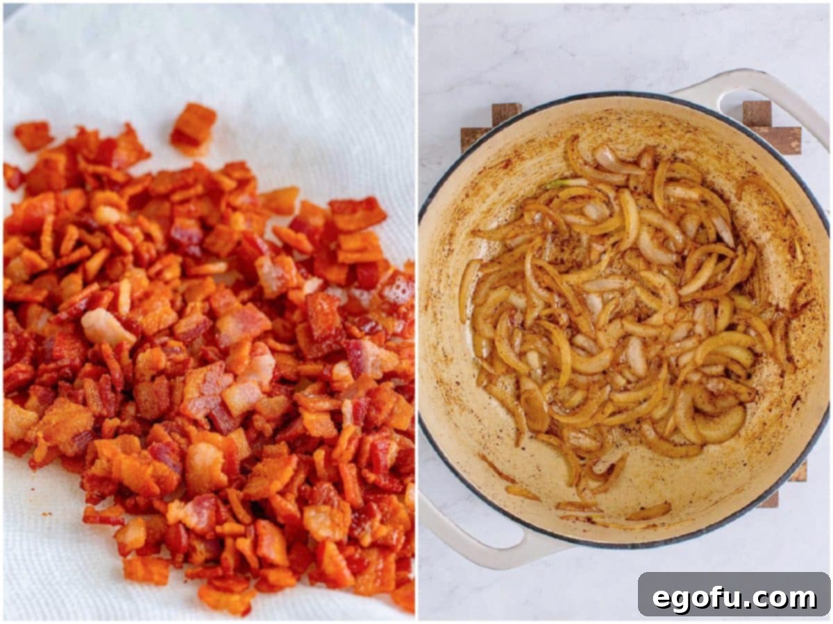 Crispy Bacon and Caramelized Cabbage 5 Crispy bacon strips draining on paper towels after being cooked, with a pan of reserved bacon fat in the background.