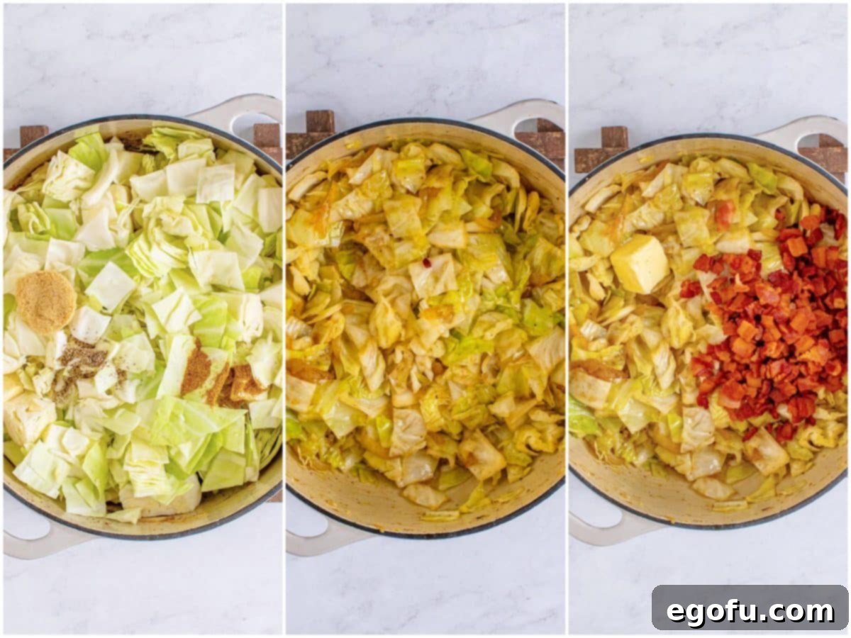 Crispy Bacon and Caramelized Cabbage 6 Freshly chopped cabbage and seasonings added to a Dutch oven with sautéed onions and garlic, ready to cook down.