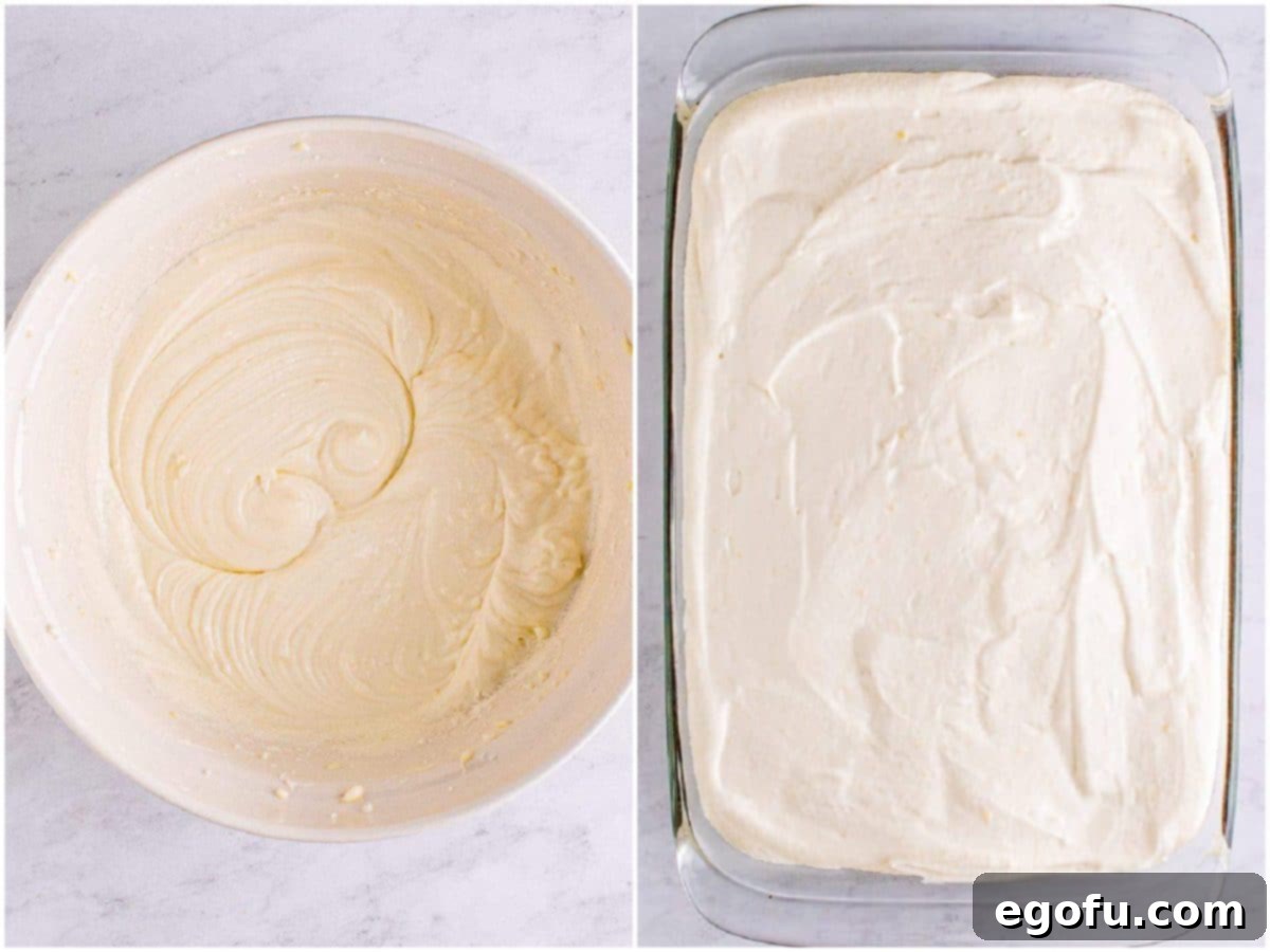 collage of two photos: filling mixed until fluffy and smooth; filling spread onto cooled chocolate cake; 