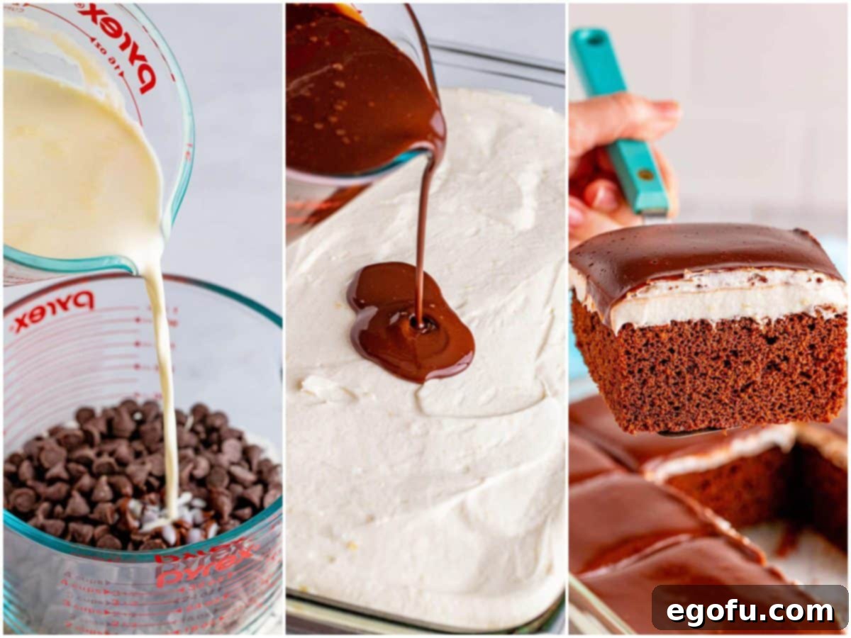 collage of three photos: ganache being made with hot milk being poured over chocolate chips; ganache being poured over cake; cake server holding up one slice of Ding Dong Cake.