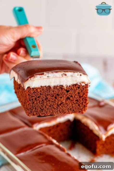 Cake server holding up one slice of Ding Dong Cake.