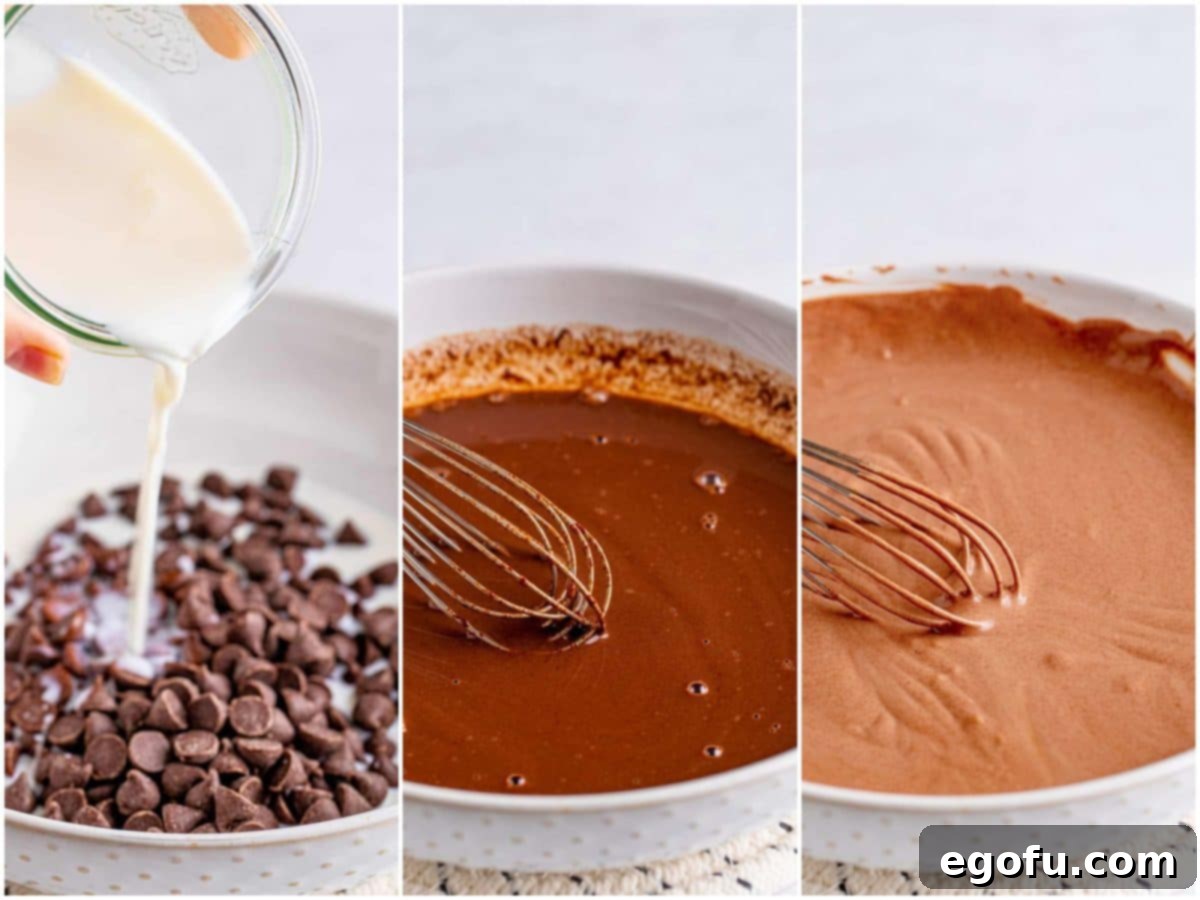 college of three photos: milk and chocolate chips in a bowl; mixture being whisked in bowl, sour cream added to mix in bowl.