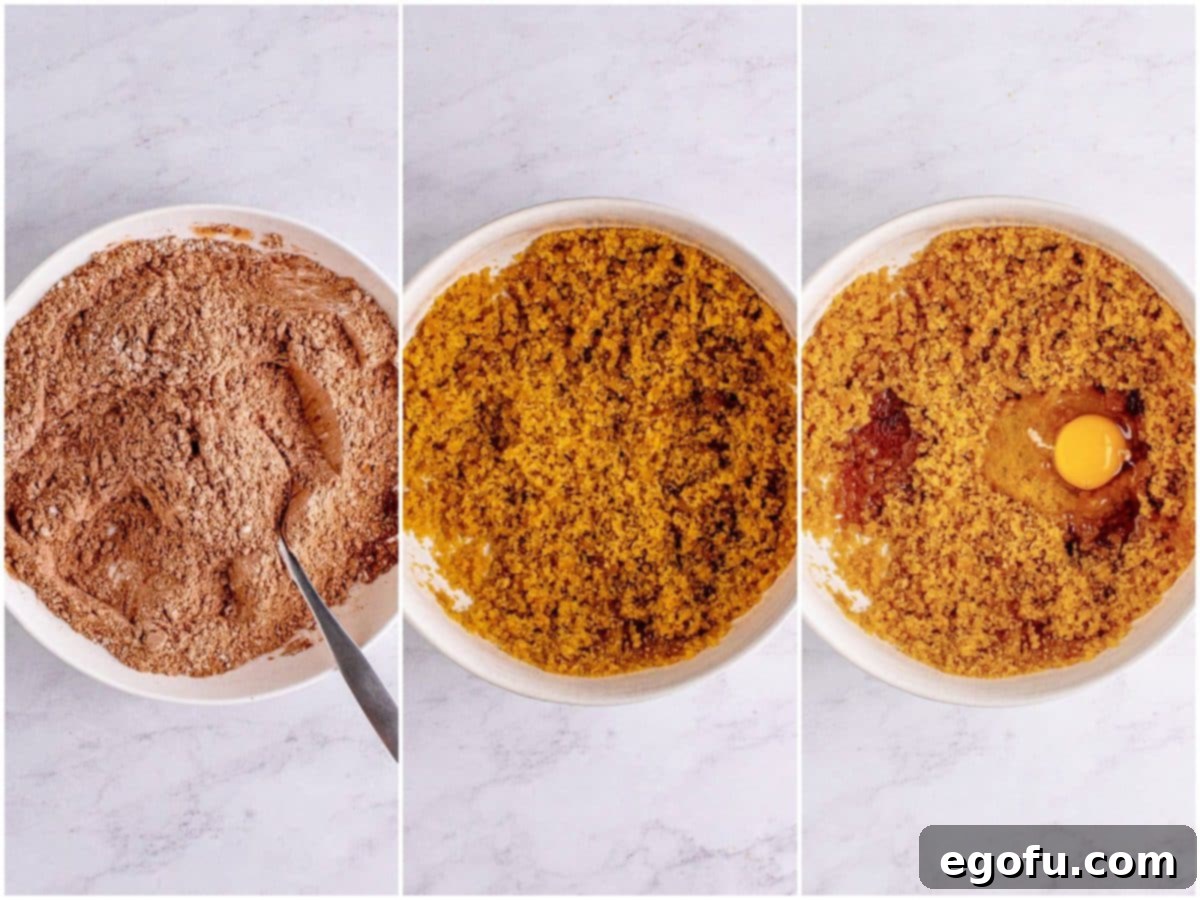 collage of three photos: dry cake ingredients mixed together in bowl; brown sugar and vegetable oil beaten together in bowl; eggs and vanilla added to brown sugar.