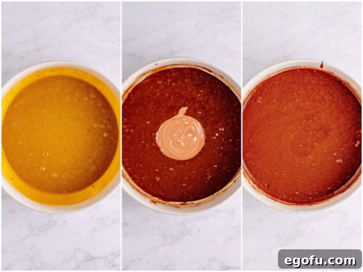 collage of three photos: brown sugar and dry flour mixture in a bowl; chocolate sour cream mixture added; mixture fully combined.