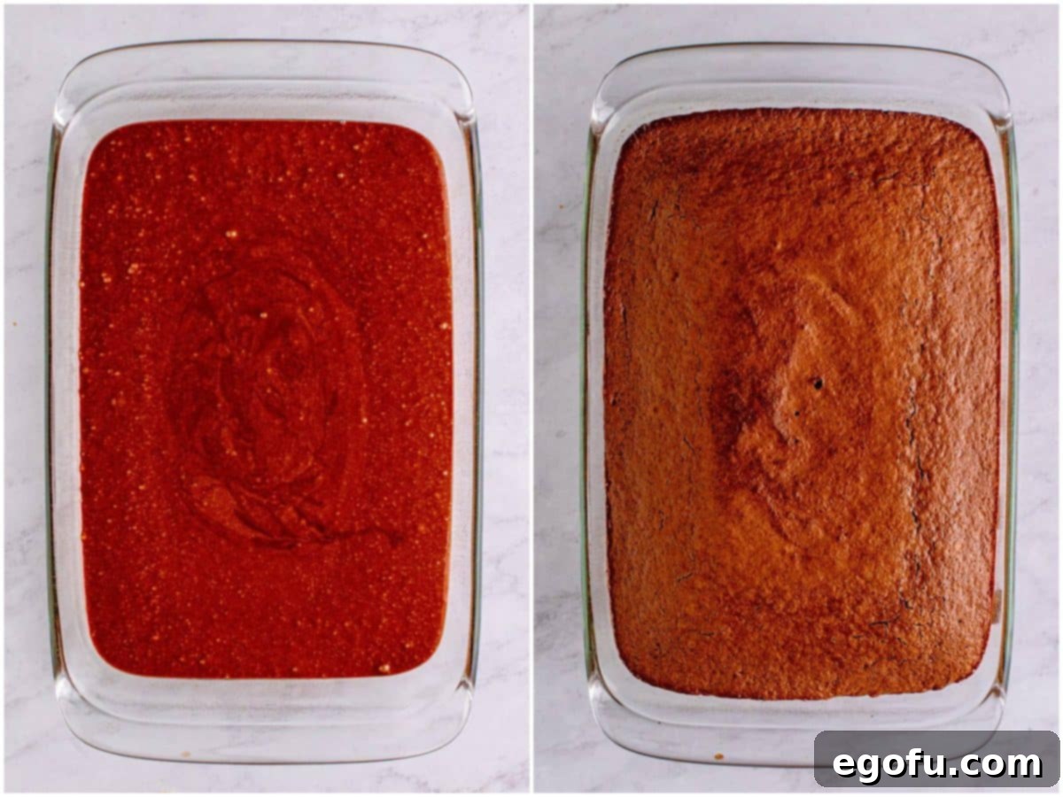 collage of two photos: cake batter poured into baking dish; chocolate cake shown fully baked.