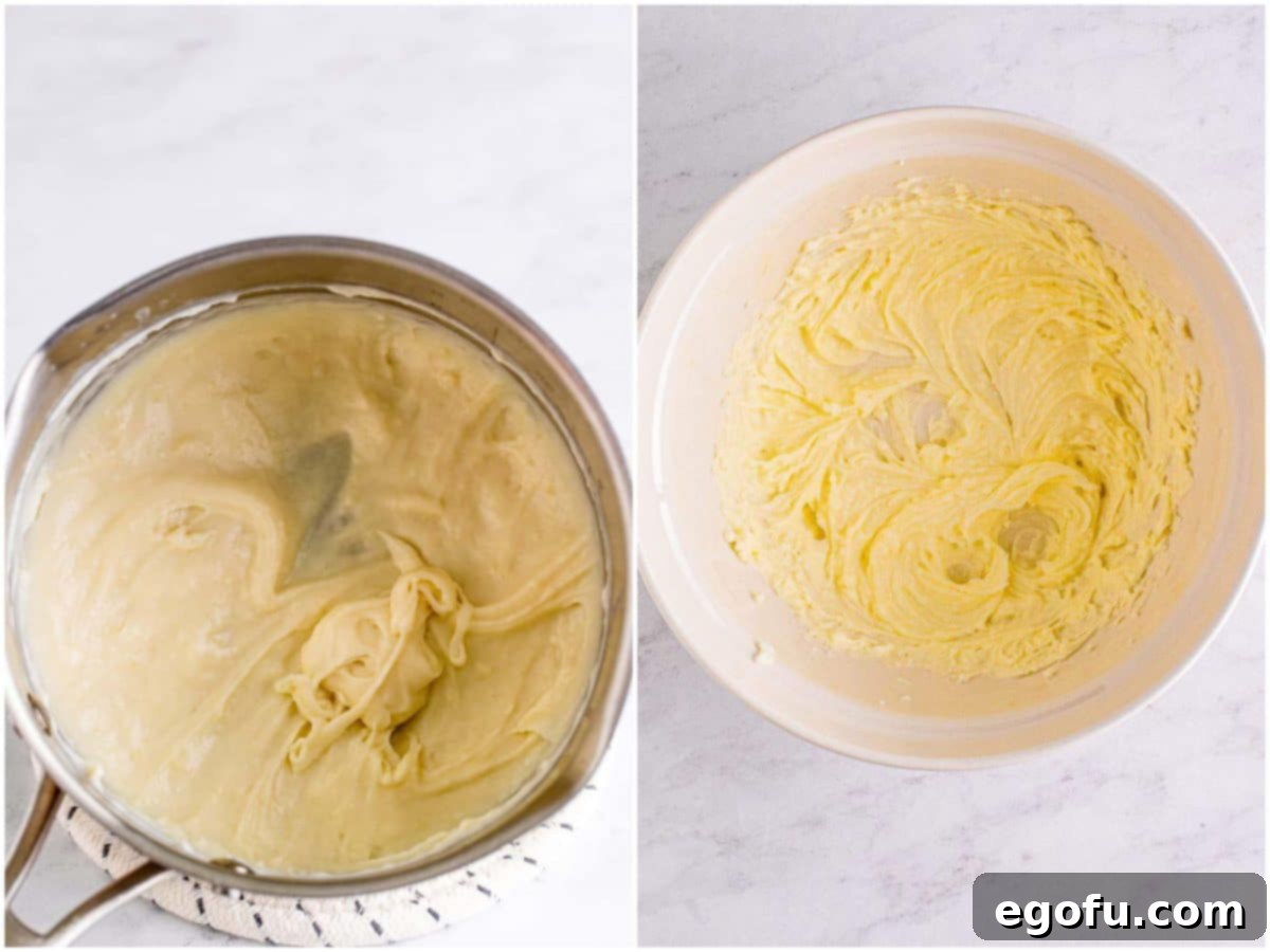 collage of two photos: milk and flour added to saucepan to form a paste; butter and shortening added to bowl and beaten together.
