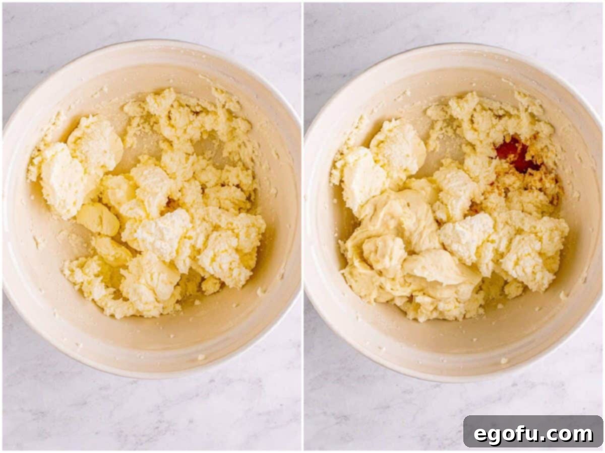 collage of two photos: powdered sugar added to butter and shortening mixture; flour aste and vanilla added to powdered sugar, butter and shortening mixture.