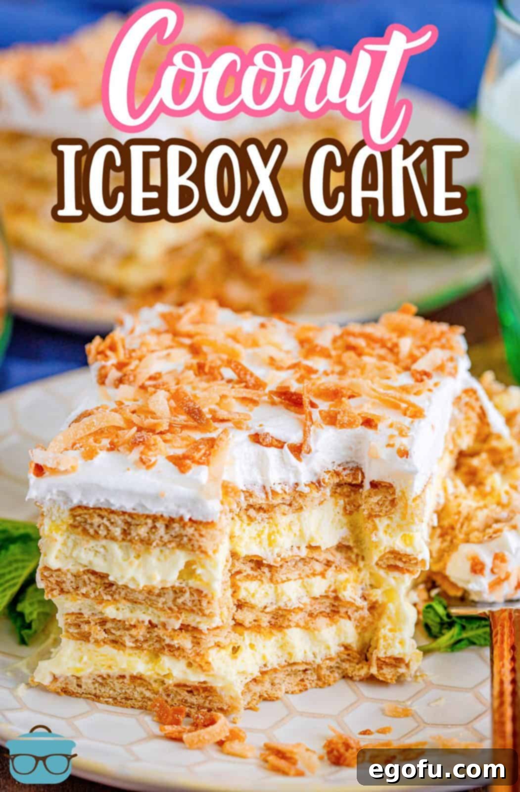 Pinterest image of slice of Coconut Icebox Cake with bite taken out of pice.