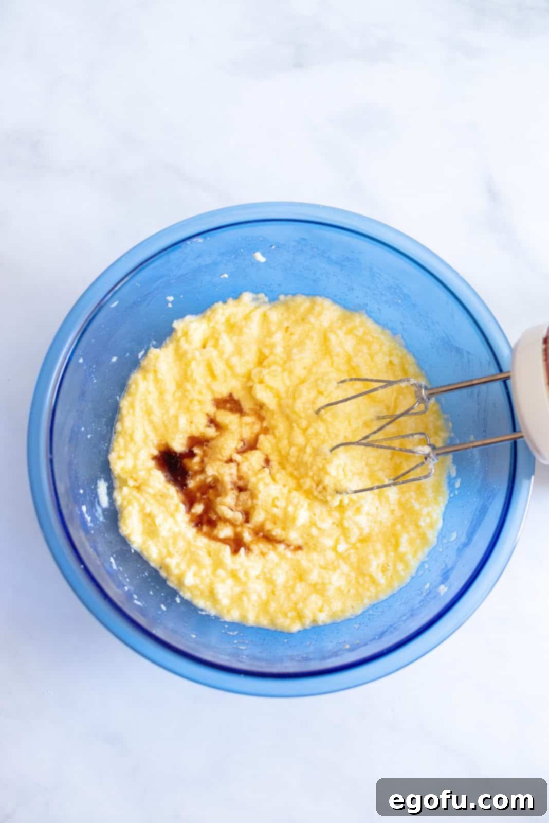 Eggs and vanilla added to butter mixture.