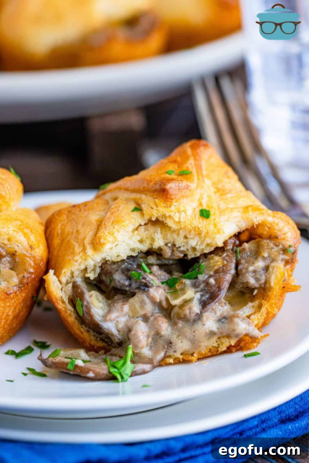 Beef Stroganoff Cups on plate cut open showing inside.