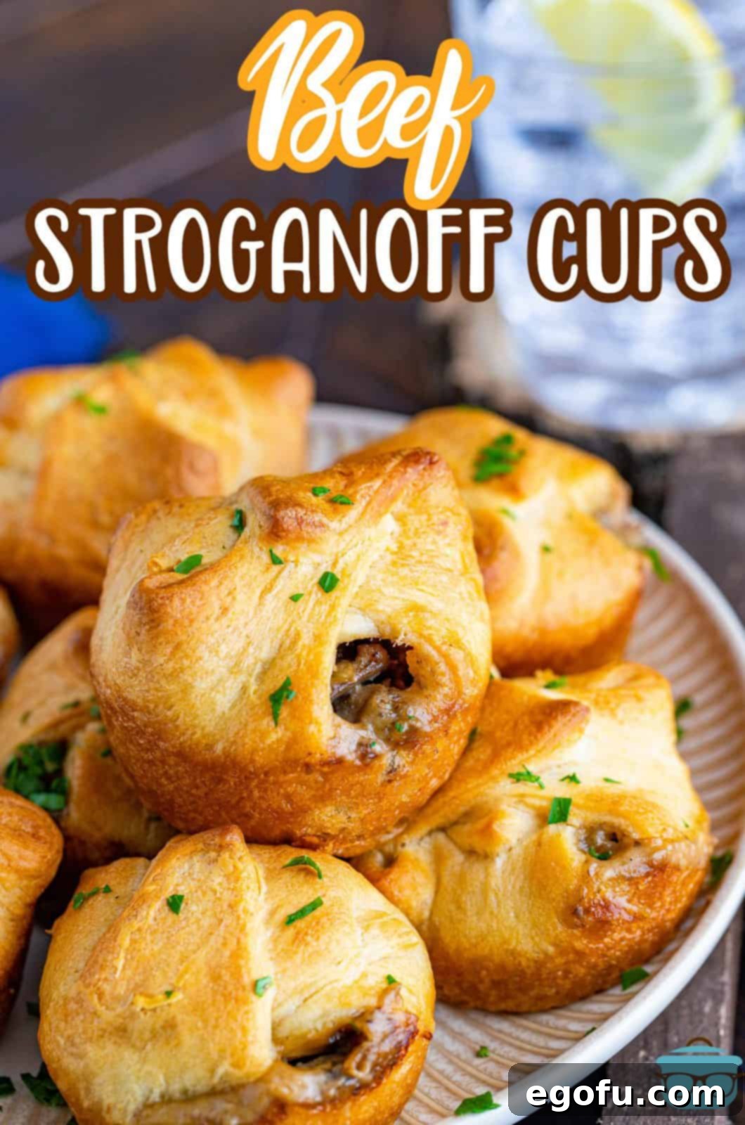 Stacked Beef Stroganoff Cups on white plate.