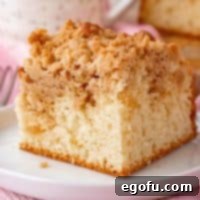 Square image of Bisquick Coffee Cake slice on white plate, highlighting its delicious streusel.