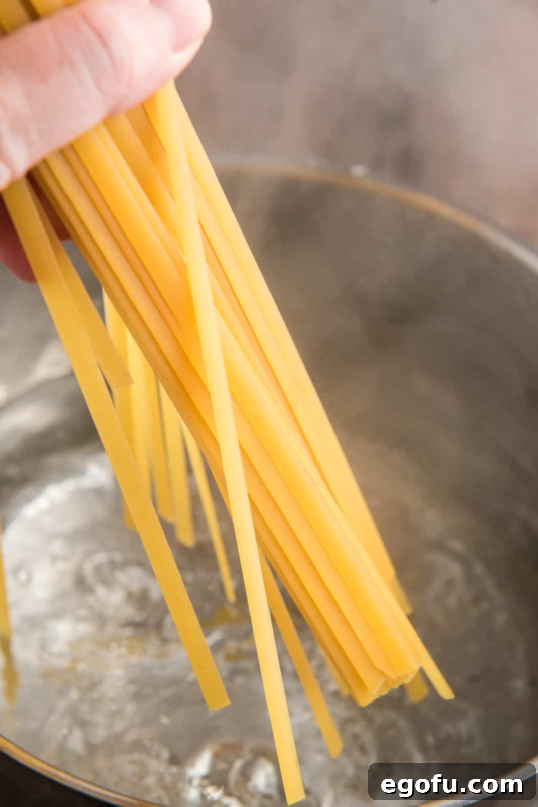 Fettuccine pasta being gently placed into a pot of boiling water.