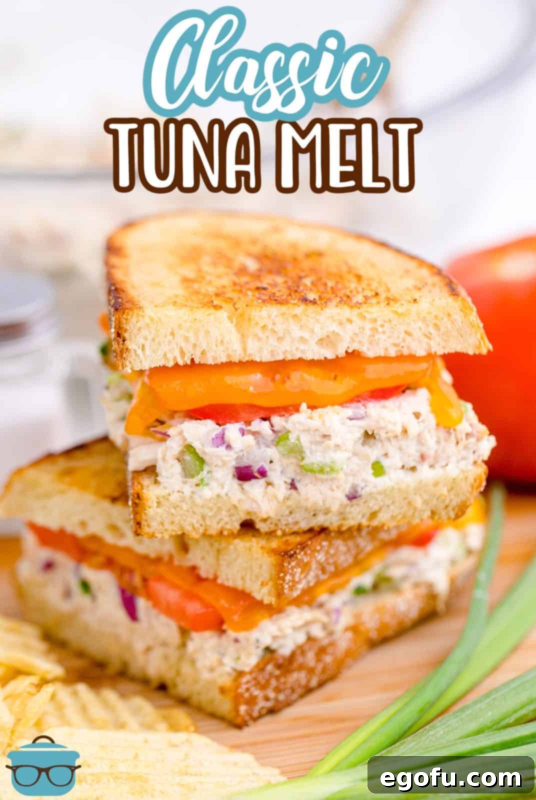 Golden Grilled Tuna Melt 3 Two cut slices of the Classic Tuna Melt stacked on top of one another Pinterest image.