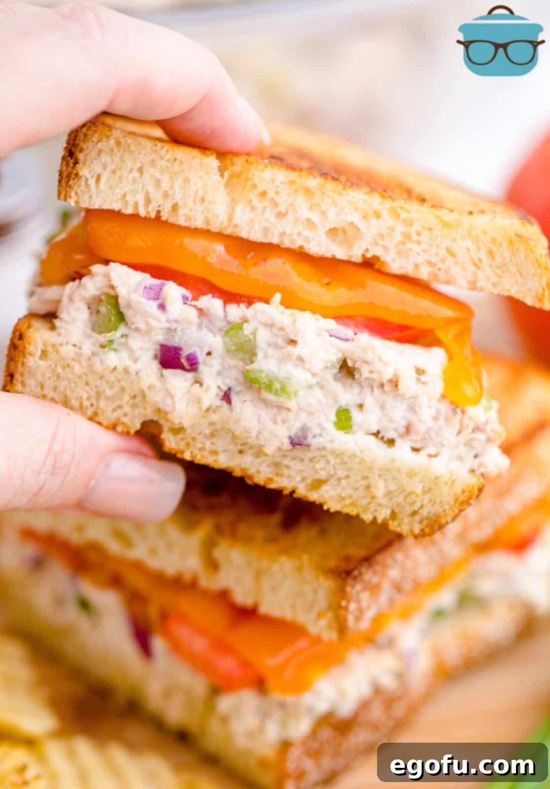 Golden Grilled Tuna Melt 10 Hand holding up one of the sliced portions of the Classic Tuna Melt.