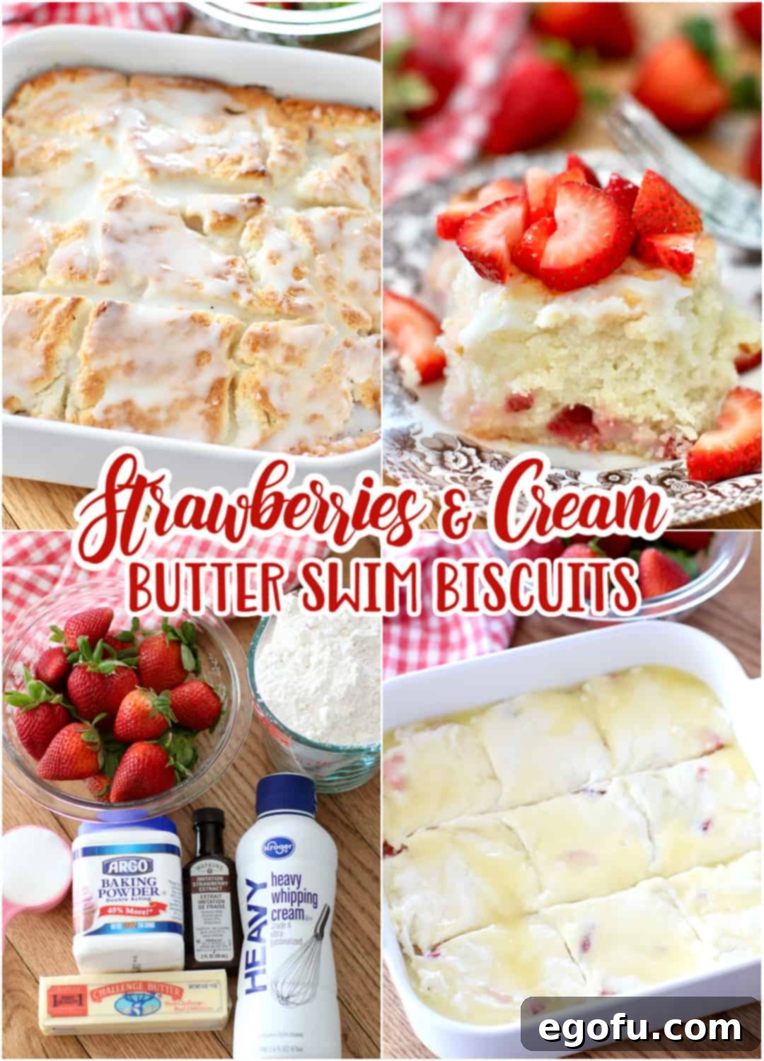A collage featuring Strawberries and Cream Butter Swim Biscuits, showing different angles and the rich, inviting texture of the finished product.
