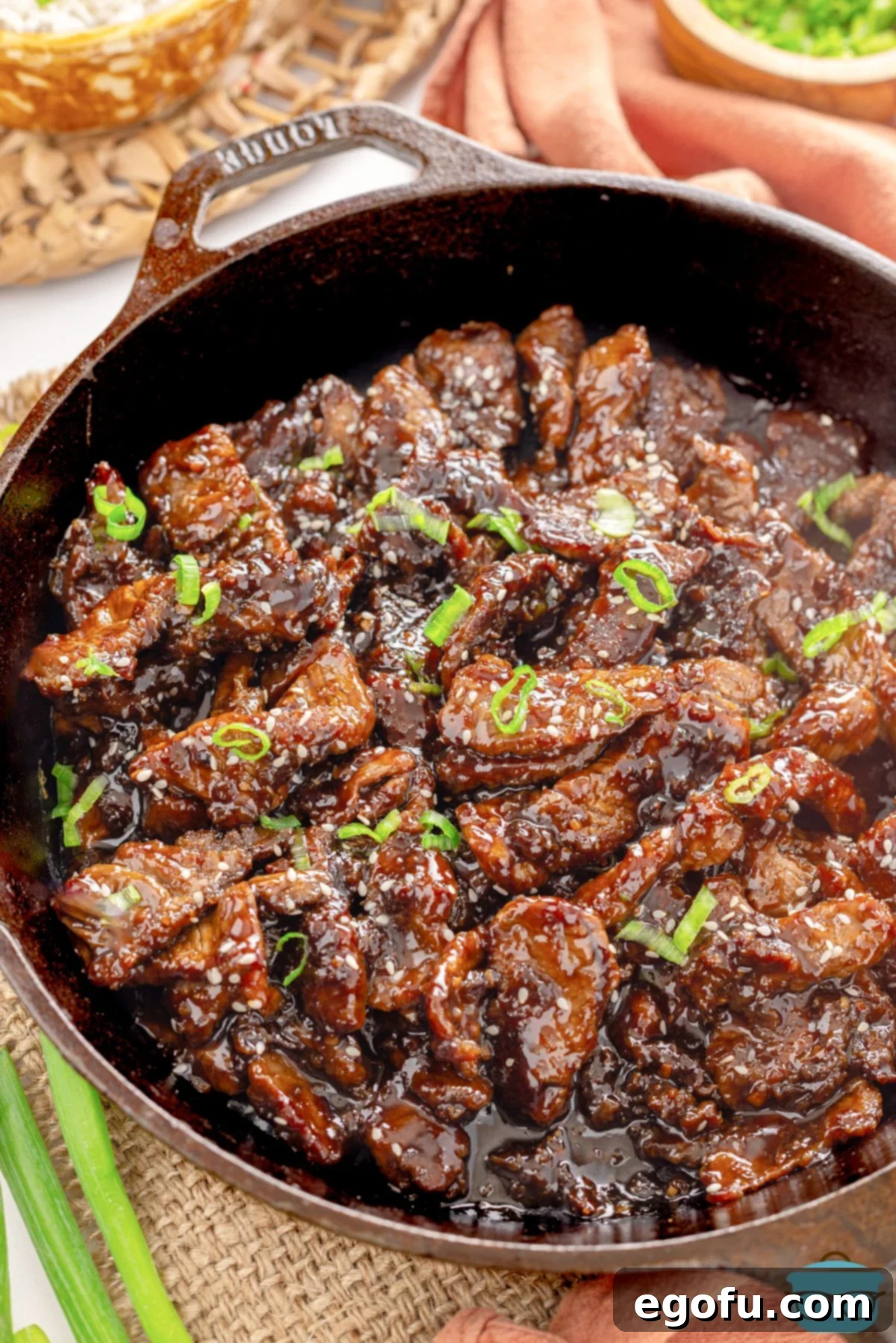 Delicious Beef Teriyaki in a skillet, ready to be served.