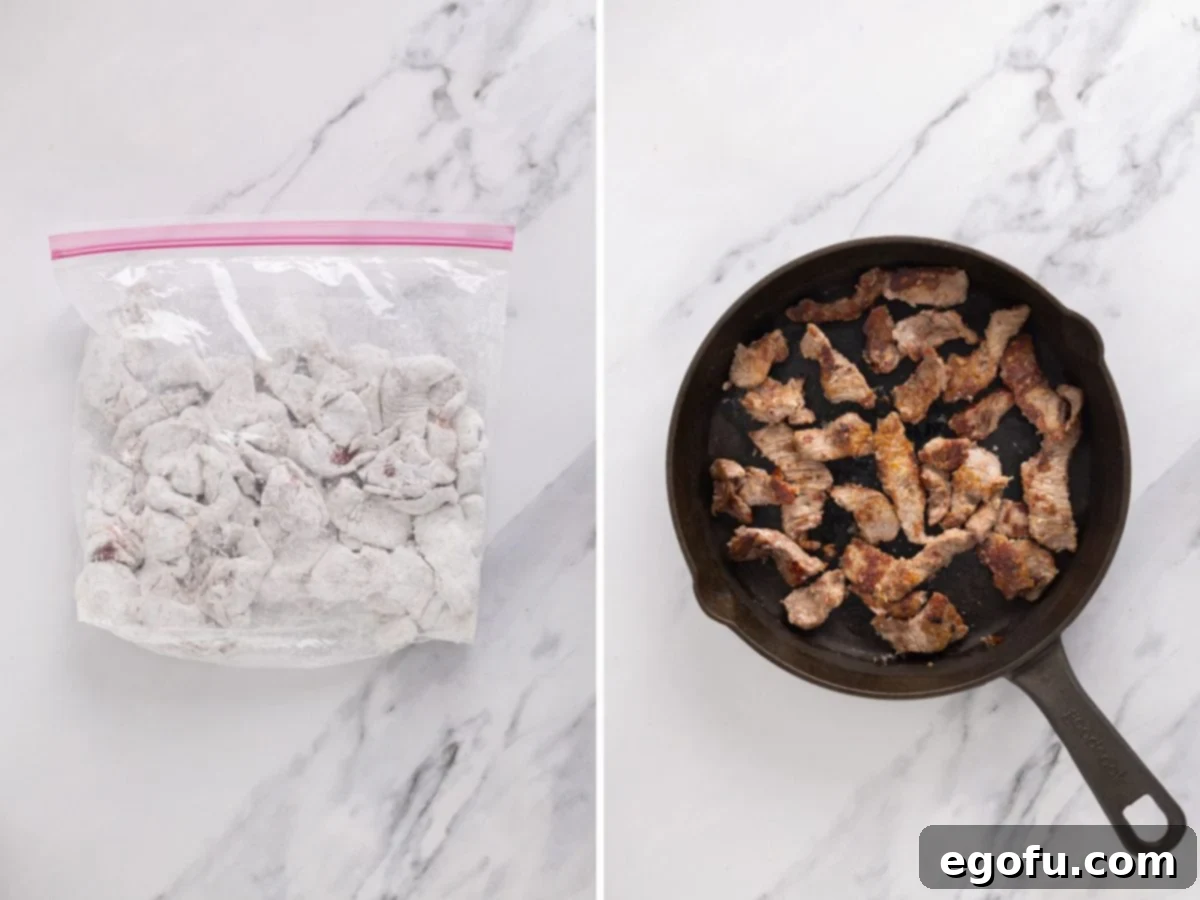 Steak coated in cornstarch inside a Ziploc bag and a skillet with steak cooking.