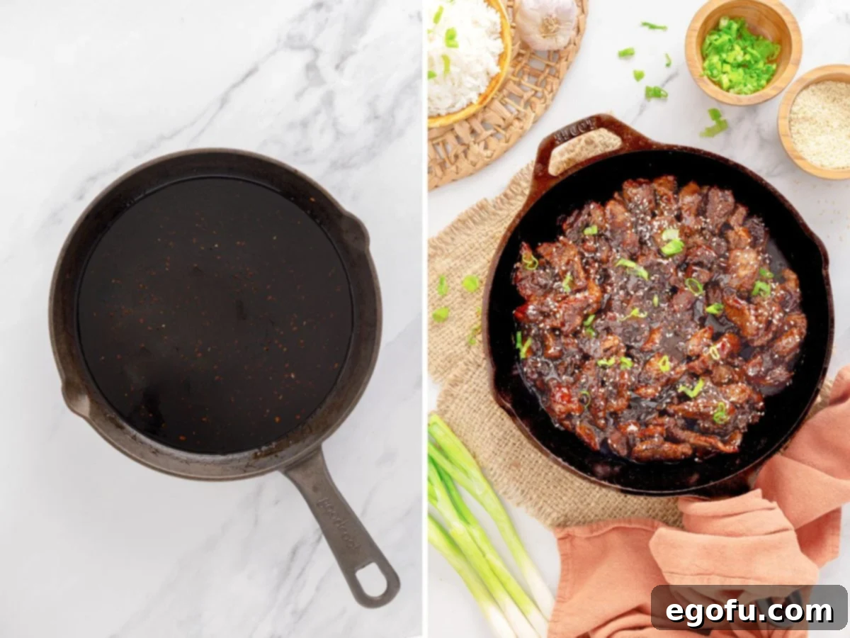 A skillet with oil and cooked Beef Teriyaki.