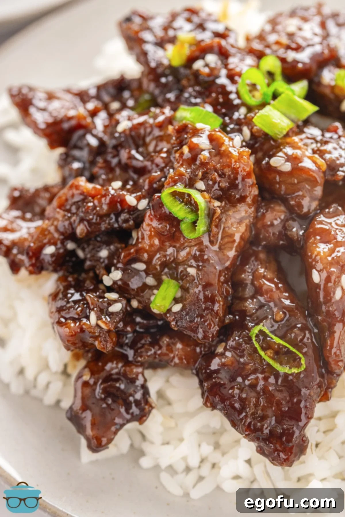 A perfectly plated dish of Beef Teriyaki over white rice.