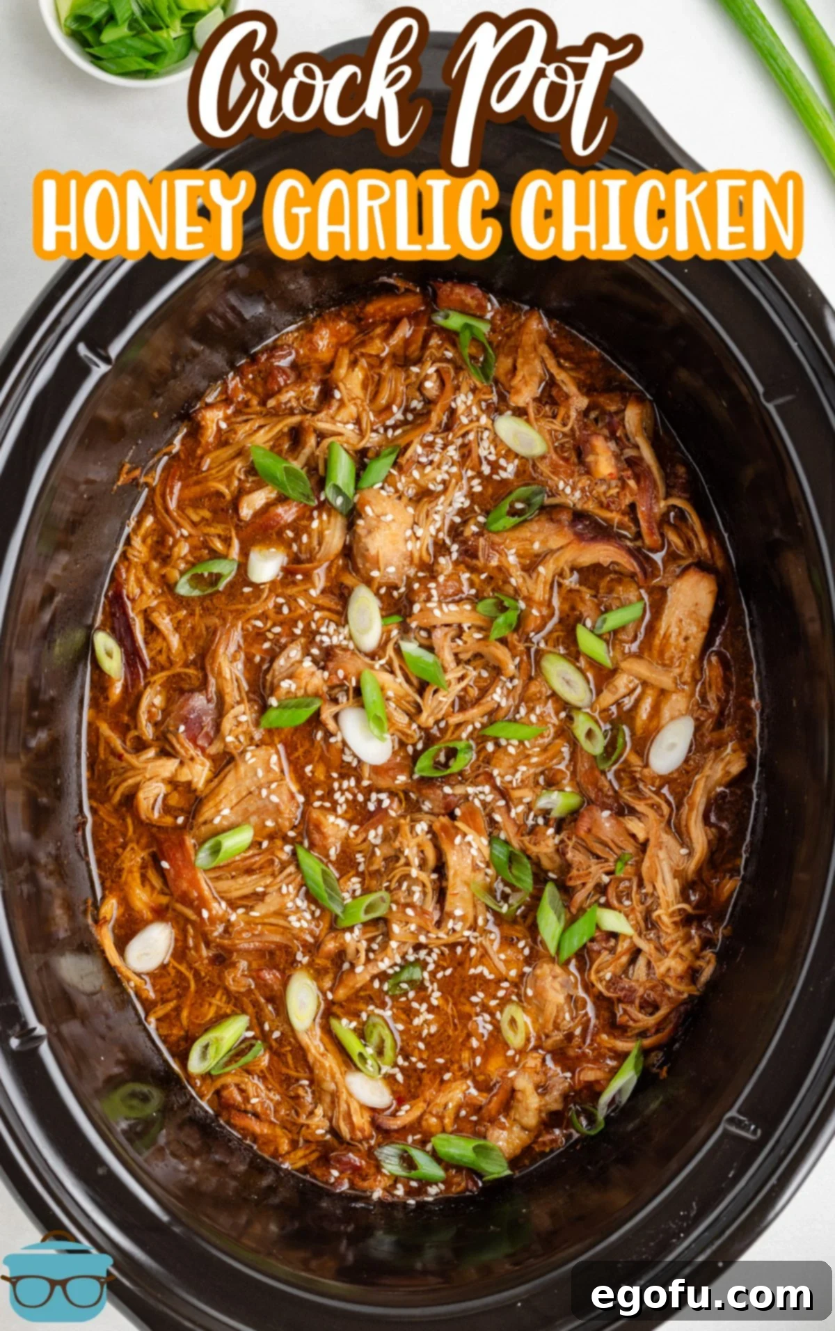 Overhead shot of a Crock Pot filled with Honey Garlic Chicken, showcasing the rich, glistening sauce and tender shredded chicken.