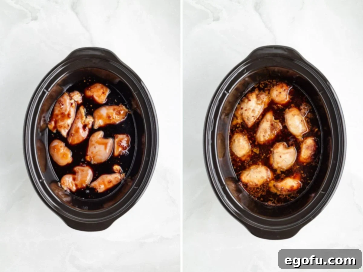 A Crock Pot with sauce and chicken cooking, showcasing the slow simmering process that creates tender and flavorful Honey Garlic Chicken.